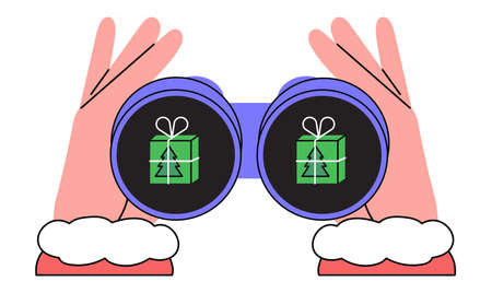 Hands hold binoculars and look through them. Eyes searching for gifts or gifts on christmas market or sale. Vector illustration for website, social media advertising, ui or application design.のイラスト素材