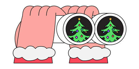 Santa hands hold binoculars and look through them. Eyes searching for christmas tree on christmas market or sale. Vector illustration for website, social media advertising, ui or application design.のイラスト素材