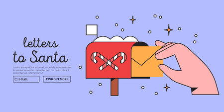 Child or parent hand hold or send mail to postbox. Character with envelope wrote letter to Santa Claus. Christmas or new year mail service and correspondence delivery vector illustration web banner.のイラスト素材