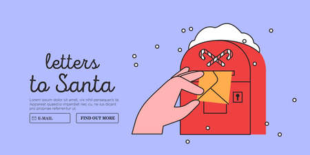 Child or parent hand hold or send mail to postbox. Character with envelope wrote letter to Santa Claus. Christmas or new year mail service and correspondence delivery vector illustration web banner.のイラスト素材