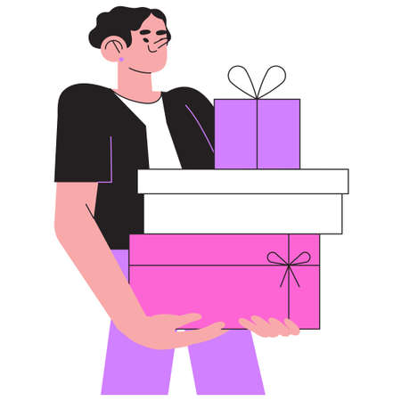 Happy smiling man holding gift boxes with presents and celebrate birthday or anniversary. Concept of you won prize, winner, surprise or christmas event or grand opening with prize drawing.のイラスト素材