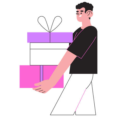 Happy smiling man holding gift boxes with presents and celebrate birthday or anniversary. Concept of you won prize, winner, surprise or christmas event or grand opening with prize drawing.のイラスト素材