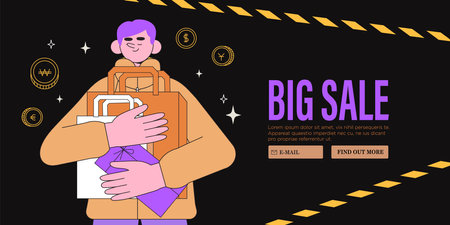 Happy satisfied man holds shopping bags with presents or gifts. Discount, black friday or seasonal sale, promotion. Online banner, web page, ads with male client or customer character shopping.のイラスト素材