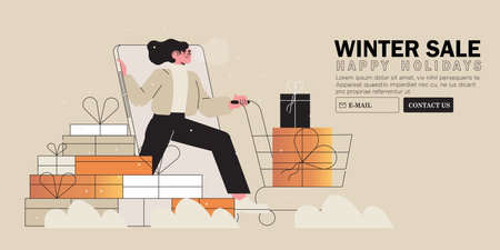 Woman push cart with gifts or gift boxes and buy them in online store, on christmas or new year market, sale, fair for relatives, family, children or friends. Winter holidays shopping banner, web.のイラスト素材