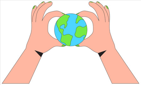 Eco-friendly people hand hold Earth globe, save planet, protection and care about environment. Concept of ecology awareness and sustainability vector illustration for web banner, poster, placard.のイラスト素材
