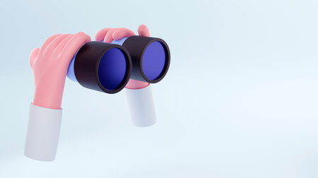 Hands hold binoculars and look through them. Render illustration for search engine or research, web surfing. Trendy 3d background for website, ui or advertisment banner design.の写真素材