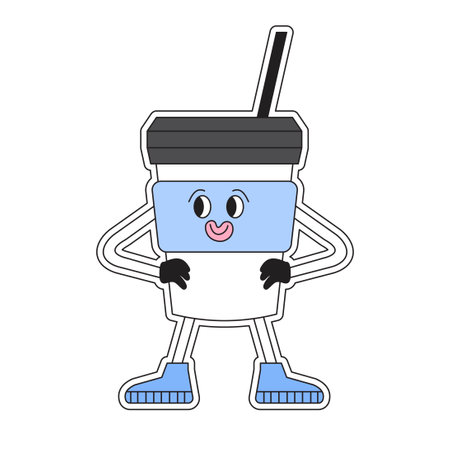 Thermo or reusable cup with cover for take away hot coffee or tea. Creative cartoon abstract character for sticker pack. Reusable and sustainable lifestyle funny 90s comic vector illustration.のイラスト素材
