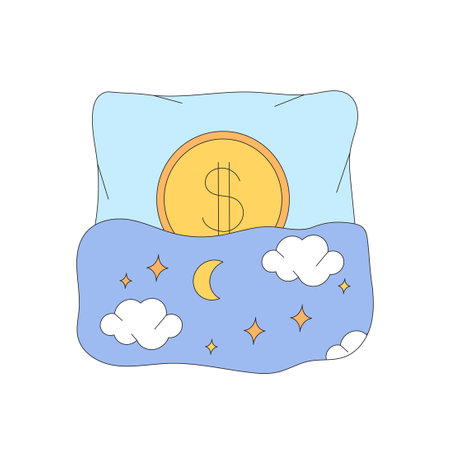 family budgeting. Money savings, financial cushion building, future investment. Keep money safe. Financial planning and well-being. Flat vector illustration of coin on cushion feel comfortable.のイラスト素材