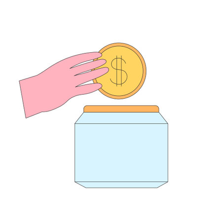 budget planning. Money savings, financial cushion building, future investment. personal balance management. Financial planning and well-being. Character hand collect and putt coin in saving jar.のイラスト素材