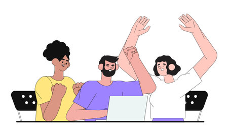 Happy cheerful business team, colleagues characters, employees, rejoicing success, achievement, victory, progress at work together. Good successful teamwork concept for web banner, mobile application.のイラスト素材