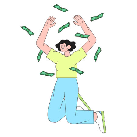 Business woman or character with money. Happy successfull employee jump happily among cash or paper money. Financial well-being and stability. Person satisfied with her salary and financial wealth.のイラスト素材