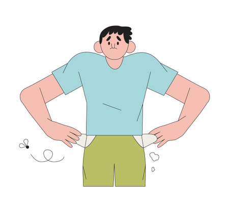 Sad man show empty pockets and lost all his money. Person in need, have a problem with budget planning, money management and savings concept. Character with debt, low salary, unemployed or lost job.のイラスト素材