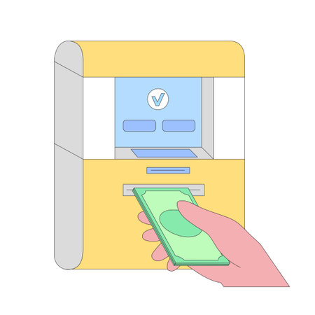 ATM machine money transfer or withdrawal vector illustration. Automated teller machine with cash. People perform a transaction or fund transfer at an ATM. banking technology.のイラスト素材