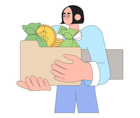 financial investment. Creative concept of currency market movement. bank deposit, profit finance. Money management or investment, trading, share purchase. Woman divide or split investments.のイラスト素材