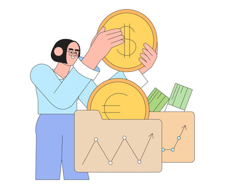 financial investment. Creative concept of currency market movement. bank deposit, profit finance. Money management or investment, trading, share purchase. Woman divide or split investments.のイラスト素材