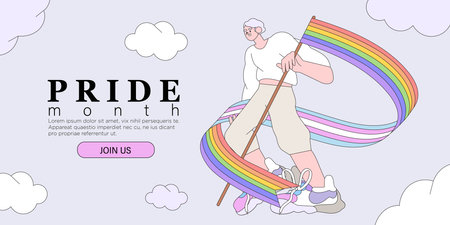 Cheerful smiling character holding rainbow lgbtq and transgender flag celebrate pride month or day vector flat illustration. LGBTQ support or event social media banner or post template, greeting card.のイラスト素材