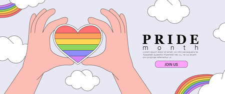 Lgbt rights or social issues event celebration creative banner, poster, placard, social media advertisement, invitation, greeting or web landing page in trendy outline style with rainbow and heart.のイラスト素材