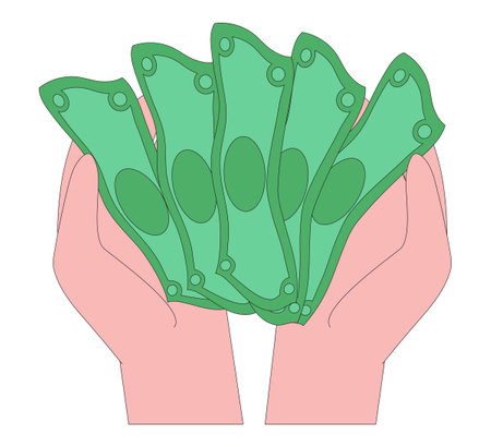 Hand gesture vector illustration. Character hand holding money, bundle of notes, cash, making donations, paying, counting, giving currency and other financial activities. Finance business concept.のイラスト素材