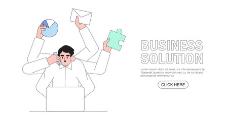 Business management, online communication, e-commerce, project management, finance and marketing. Work organization management banner, web landing page. business solution. Man assembly data puzzle.のイラスト素材