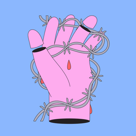 Tattoo doodle with outline hand bleeding cut by barbed steel wire. Creative print in 80s 90s groovy style for poster, cover, placard. Trendy textile or interior print decoration.のイラスト素材