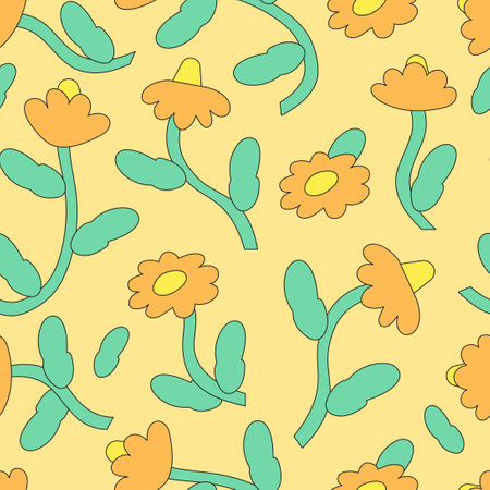 Abstract square seamless patterns with vintage groovy pop art daisy flowers. Retro floral vector background surface design, textile, stationery, wrapping paper print, covers. 60s, 70s, 80s styleのイラスト素材