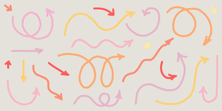 Hand draw curve wavy arrow set. Creative trendy direction signs in simple naive style. Vector...