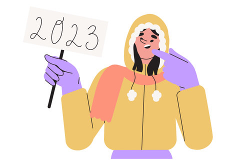 Happy woman, girl, teenager hold banner or placard with numbers 2023. Smiling female character in winter outfit congratulations with Christmas and New Year holidays. Holiday greeting vector illustration.のイラスト素材