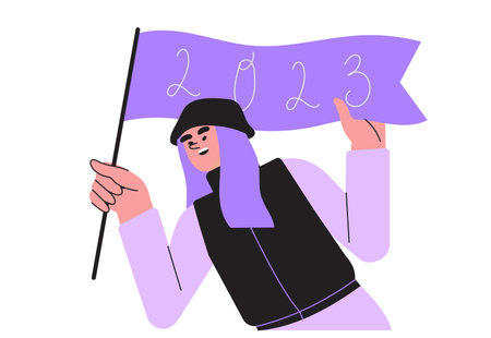 Happy woman, girl, teenager hold flag or placard with numbers 2023. Smiling female character in winter outfit congratulations with Christmas and New Year holidays . Holiday greeting vector illustration.のイラスト素材