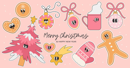 Groovy Christmas and new year characters stickers collection in trendy retro cartoon style. Merry Christmas and Happy New year funny characters set for print or social media and web decoration.のイラスト素材