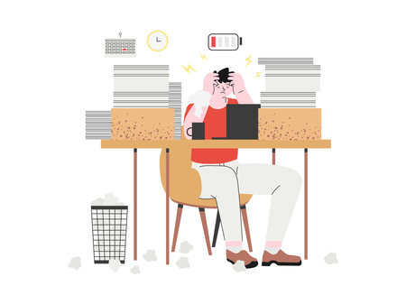 Professional burnout concept. A male employee is tired, frustrated and emotionally exhausted. Stressed man sitting at his working place with a laptop and piles of documents with a low charge sign.のイラスト素材