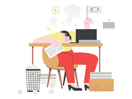 Professional burnout concept. A female employee is tired, frustrated and emotionally exhausted. Stressed woman sitting at her working place with a laptop and piles of documents with a low charge sign.のイラスト素材
