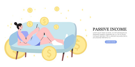 Vector illustration of a woman or girl lying and relaxing on a sofa with a smartphone earning money online. Passive income, freelance, distant work or work at home concept.のイラスト素材