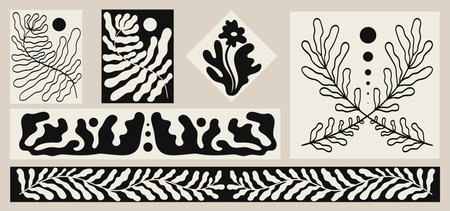 Flower or weeds abstract shapes ornament print set. Trendy abstract botanical wall arts and floral design elements or border. Modern hand drawn naive interior decorations, paintings collection.のイラスト素材