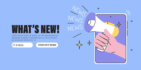 Hand with loud speaker share latest or hot news online on smartphone screen. Break for news feed during working hours. Vector graphic style illustration for web or social media banner, ui, app.のイラスト素材