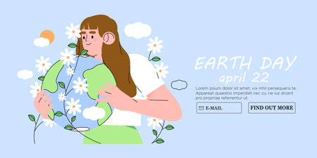 World environment or earth day poster with woman holding earth globe. Protect environment green eco concept. Green and peaceful illustration in modern flat style with girl care about our planet.のイラスト素材