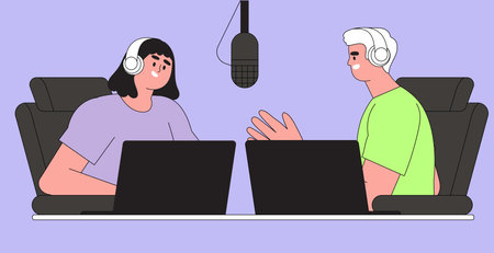 Live streaming, broadcast flat vector illustration. Male and female social media network bloggers collaboration. Vloggers cartoon characters talk. Interview, podcast, video recording in studio.のイラスト素材