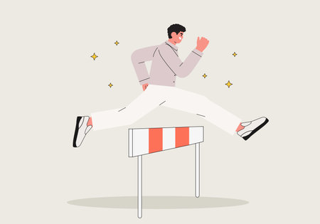 Character overcome obstacles to succeed in his work concept. Obstacles or motivation to solve problem and lead company achievement, businessman jumping over hurdle race obstacle vector illustration.のイラスト素材