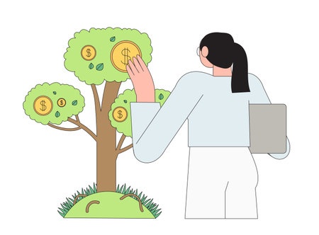 Investment illustration. Character investing money in self development, knowledge and education. Personal finance management and financial literacy concept. People plant money tree with coins.のイラスト素材