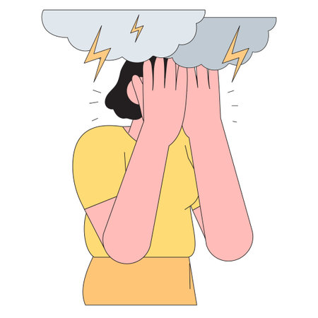 Woman, girl or female character has terrible cluster headache or migraine symptoms. Tired and sick person hold head with hands and feel severe pain in her head. Character flat vector illustration.のイラスト素材