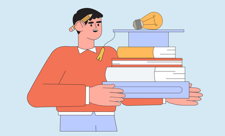 Student learning online in university or educational classes. Studying character with exercise books vector illustration. Self-development or training, seminar, back to school, online course concept.のイラスト素材
