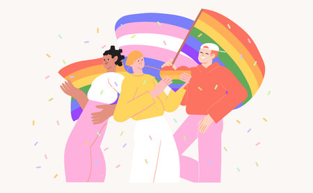 Cheerful characters with lgbt rainbow celebrate pride month or day vector flat illustration. LGBTQ or transgender support event or festival on social media banner or post template, greeting card.のイラスト素材