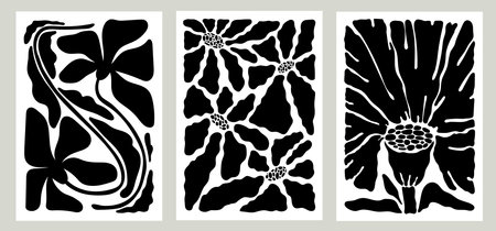 Abstract floral poster poster set. Naive doodle art style flowers, stylized simple contemporary botanical elements. Art print. Vector illustration. Trendy minimal herbal ornament photo frame.のイラスト素材