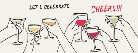 Hands hold glasses of white sparkling or red wine, champagne or cocktail. Cheers vector illustration...
