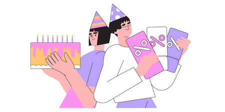 Characters receive online reward, bonus or discount on birthday as loyal customers. Woman and man stand with birthday cake and hold bonuses coupon for loyalty program on b-day. People receive gifts.のイラスト素材