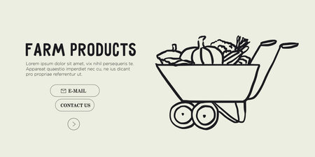 Wheelbarrow with farmer production. Vegetables and fruits sell at local market. Healthy eco food trade. Sustainable lifestyle. Support local farmers banner, flyer, web landing page, poster or placard.のイラスト素材