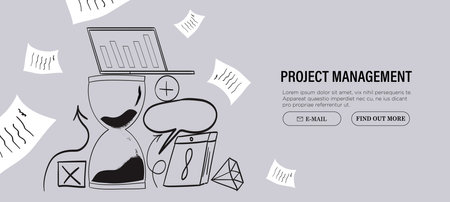 Project management process concept. Modern flat digital illustration of time management metaphor, a stopwatch, timeline and workflow. Creative vector illustration for web page, banner, poster, ads.のイラスト素材