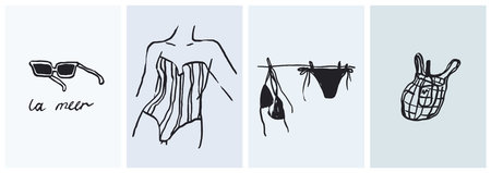 Charcoal doodle style vector illustrations poster or placard set. Creative summer fashion print, label, cover. Ink hand drawn design elements. Sea vacation or travel collection. Save the date icons.のイラスト素材