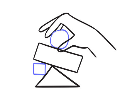 Hand organize abstract shapes in structure or system and analyze result. Concept of data and information analytics and order in doodle contemporary line drawing style. Vector illustration of pyramid.のイラスト素材