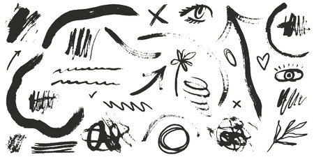 Paint or ink stroke scribble elements. Charcoal, chalk or crayon hand drawn messy drawings with grunge texture. Squiggle swirl line vector illustration set or collection. Punk grunge style sketches.のイラスト素材