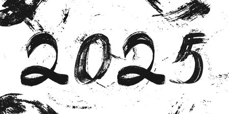 Grainy black textured brush paint strokes new year banner. Hand drawn distressed damaged edge punk...
